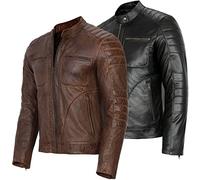 Herren Vintage Cafe Racer Echtleder Jacke Schwarz Braun Slim Fit Bikerjacke Gr. L, Braun - echtes Leder