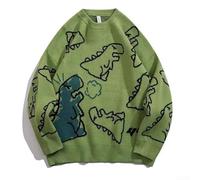 Herren Vintage Dinosaurier Cartoon Strickpullover Sweater Hip Hop Casual O Ausschnitt Langarm Streetwear (M Grün)