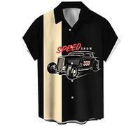 Herren Vintage Poker Bowling Shirt 1950er Retro Kurzarm Button Down Hawaiihemden, 333 Auto, XL