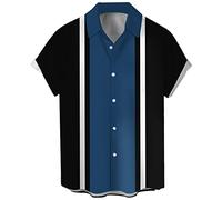 Herren Vintage Poker Bowling Shirt 1950er Retro Kurzarm Button Down Hawaiihemden, Blau / Schwarz gestreift, XL