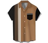 Herren Vintage Poker Bowling Shirt 1950er Retro Kurzarm Button Down Hawaiihemden, Braun Schwarz Streifen, L