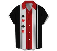 Herren Vintage Poker Bowling Shirt 1950er Retro Kurzarm Button Down Hawaiihemden, Poker, 3X-Groß