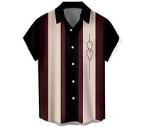 Herren Vintage Poker Bowling Shirt 1950er Retro Kurzarm Button Down Hawaiihemden, Rotbraun und Schwarz, L
