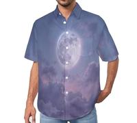 Herren Vollmondwolken 3D-Druck Sommer Kurzarm Button Down Hawaii-Hemden, Himmellandschaft Gedruckt Button Down Sommer Strand Shirts, Ideal für Urlaub, Festival