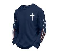Herren Waffel Langarm T-Shirt Rundhals Kreuz Print Amerika Sterne Flagge Used Look Vintage Stil Long Sleeve Bequeme Freizeitshirts Atmungsaktiv Stretch Freizeit Sommer, Geschenke