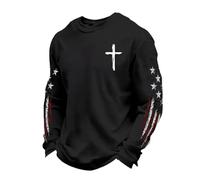 Herren Waffel Langarm T-Shirt Rundhals Kreuz Print Amerika Sterne Flagge Used Look Vintage Stil Long Sleeve Bequeme Freizeitshirts Atmungsaktiv Stretch Freizeit Sommer, Geschenke