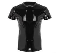 Herren Wetlook T-Shirt | PVC Glänzendes Clubwear Top | Kurzarm Kunstleder Shirt | Glänzendes Schwarz oder Rot Kostüm für Nachtclub Outfit (XXL Schwarz)