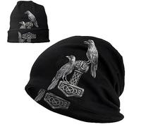 Herren-Wikinger-Beanie-Mütze, 3D-Druck, Nordischer Mythos, Thors Hammer mit Raben-Strickmütze, Warme, Dünne Motorhaube, Snapback-Mütze (Color : Viking Raven 2, Size : One Size)