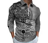 Herren Wikinger Wolf Tattoo 3D gedruckte T-Shirts Lässiges Zip Poloshirt Vintage Langarmshirt T-Shirt Reißverschluss Hals Sweatshirt Top
