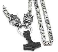 Herren Wikinger Wolfskopf Halskette nordischer Thors Hammer Wikinger Mjolnir Anhänger Halskette Männliche Edelstahl Königskette Amulett Wikinger Schmuck, 80 cm, Edelstahl, kein Edelstein