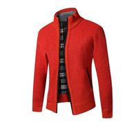 Herren Winter-Dicker Strickjacke Mode-Schlichter Pullover-Cardigan - Feinstrick,Stehkragen und Durchgehendem Reissverschluss,Fleece-Jacke, Warm,Trachtenjacke, Langarm Outdoor Männer Orange-Rot L