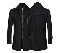 Herren Wintermantel Slim Fit Zweiteiliger Mantel für Business und Freizeit Wollmantel mit Stehkragen Peacoat und Warmer Integrierter Innenjacke (01 Schwarz, L)