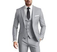 Herrenanzug, 3-teilig, schmale Passform, formell, Business, Hochzeit, 2 Knöpfe, Blazer, Weste, Hose, Smoking, Hellgrau, XX-Large