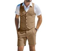Herrenanzug aus Leinen, 2-teilig, Westen und kurze Hosen, Anzüge für Herren, lässig, Sommer, Strand, Trauzeugen, Hochzeit, Westen-Set, Outfit, Khaki, 4X-Large