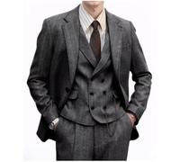 Herrenanzug aus Tweed, Fischgrätenmuster, 3-teilig, formelle 2-Knopf-Wolljacke, Kleid, Weste, Hose, Herren, Hochzeit, Abschlussball, Smoking, Hellgrau, XL