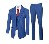 Herrenanzug, kariert, schmale Passform, 3-teilig, kariert, lässig, Smoking, formelle Anzüge für Männer, Hochzeit, Business, Party, Blazer, Weste, Hosen-Set, Königsblau gestreift, L