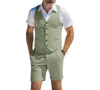 Herrenanzug, Leinen, 2-teilig, Westen, kurze Hose, Anzüge für Herren, lässig, Sommer, Strand, Trauzeugen, Hochzeit, Weste, Set, Hellgrün, Large