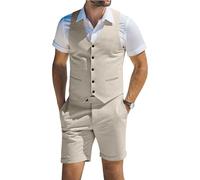 Herrenanzug, Leinen, 2-teilig, Westen, kurze Hose, Anzüge für Herren, lässig, Sommer, Strand, Trauzeugen, Hochzeit, Weste, Set, Beige, Large