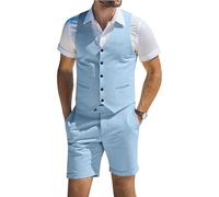 Herrenanzug, Leinen, 2-teilig, Westen, kurze Hose, Anzüge für Herren, lässig, Sommer, Strand, Trauzeugen, Hochzeit, Weste, Set, Hell, blau, Medium