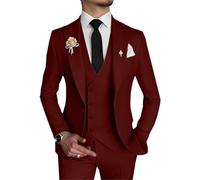 Herrenanzug, schmale Passform, 3-teilig, zweireihig, Weste, Anzug, Blazer, Weste und Hose, Burgunderrot, XL