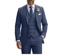 Herrenanzug, schmale Passform, 3-teilig, zweireihig, Weste, Anzug, Blazer, Weste und Hose, Denim Blau, L