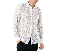 Herrenhemd aus ausgehöhlter Spitze Herrenhemd Mesh Atmungsaktiv Langarm Sexy Top Hawaiianss Style Hemd Herren Kariert Tracht (Weiß,Weiß)