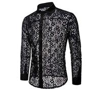 Herrenhemd aus ausgehöhlter Spitze Herrenhemd Mesh Atmungsaktiv Langarm Sexy Top Hawaiianss Style Hemd Herren Kariert Tracht (Schwarz,Schwarz)