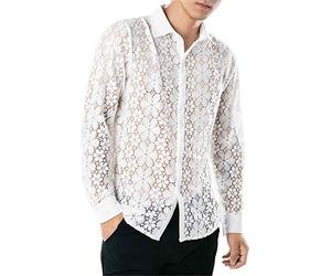 Herrenhemd aus ausgehöhlter Spitze Herrenhemd Mesh Atmungsaktiv Langarm Sexy Top Hawaiianss Style Hemd Herren Kariert Tracht (Weiß,Weiß)