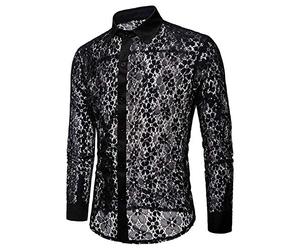 Herrenhemd aus ausgehöhlter Spitze Herrenhemd Mesh Atmungsaktiv Langarm Sexy Top Hawaiianss Style Hemd Herren Kariert Tracht (Schwarz,Schwarz)