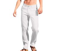 Herrenhose aus Baumwoll-Leinen, Kampfhose für Herren, leichte Loungehose, Jogginghose, Walking-Arbeitshose, Stretch-Passform, lässig, Outdoor, Strandhose, weiß, XL