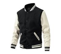 Herrenmode Varsity Jacke Lässige gesteppte Bomberjacke mit Lederärmeln College-Baseball-Jacke aus Wollmischung (Schwarz1,XL)