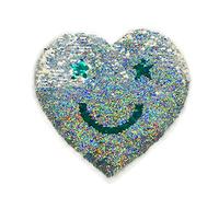 Herz Applikation mit Smiley, Pailletten Stoffaufnäher 21x21cm, Wendbar Pailletten Patch, Doppelseitig Wendepatch mit Pailletten, Universal Aufnäher Glänzend für Taschen Kleidung Bastelarbeiten