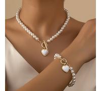 Herz Charm Perlen Halskette & Armband Set für Valentinstag, Mutter, Muttertag, Geschenk
