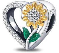 Herz Charms mit Sonnenblume 925 Sterling Silber für Europäische Herz Charm Armbänder und Halskette Blumen Bead Charms Perlen Schmuck Geburtstag