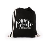 Herz & Heim® Personalisierter Turnbeutel Team Bride - JGA Rucksack mit Name - Hochzeitsbeutel für Junggesellenabschied - Baumwollbeutel mit Kordelzug (Schwarz)