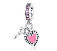 Herz & Herz Schlüssel Anhänger Charm, 925 Sterling Silber Charm Armband Zubehör, kompatibel mit Pandora Armband Halskette