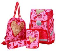 Herz Schulranzen Set 4 tlg.Mädchen 1 Klasse Tornister Schulrucksack Schultasche für Grundschule super leicht ergonomisch und anatomisch inkl. Federmäppchen, Stiftetui, Schuhebeutel