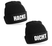 Herzbotschaft 2er Set Beanie Strickmütze mit Spruch | Hacke Dicht | schwarz | Unisex SoftTouch angenehm weiche und warme Wintermütze | OneSize Einheitsgröße für Erwachsene