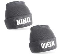 Herzbotschaft 2er Set Beanie Strickmütze mit Spruch | King - Queen | grau | Unisex SoftTouch angenehm weiche und warme Wintermütze | OneSize Einheitsgröße für Erwachsene