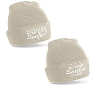 Herzbotschaft 2er Set Beanie Strickmütze mit Spruch | Können wir das Saufen? Jo wir Saufen das | Creme | Unisex SoftTouch angenehm weiche und warme Wintermütze | OneSize Einheitsgröße für Erwachsene