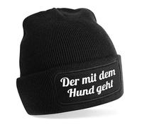 Herzbotschaft Beanie Strickmütze mit Spruch | Der mit dem Hund geht | Farbwahl | Unisex SoftTouch angenehm weiche und warme Wintermütze | OneSize Einheitsgröße für Erwachsene
