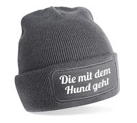 Herzbotschaft Beanie Strickmütze mit Spruch | Die mit dem Hund geht | Farbwahl | Unisex SoftTouch angenehm weiche und warme Wintermütze | OneSize Einheitsgröße für Erwachsene