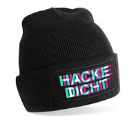 Herzbotschaft Beanie Strickmütze mit Spruch | HACKE DICHT Rauscheffekt | schwarz | Unisex SoftTouch angenehm weiche und warme Wintermütze | OneSize Einheitsgröße für Erwachsene