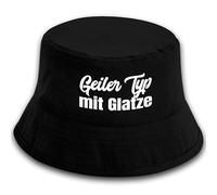 Herzbotschaft Bucket Hat mit Motiv | Geiler Typ mit Glatze | Schwarz mit Größenauswahl | Fischerhut mit Spruch | Mallorca Hut für Feiern und Partys | Sommerhut | Anglerhut