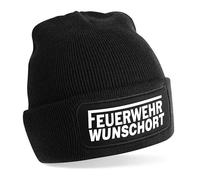 Herzbotschaft personalisierte Beanie Strickmütze mit Wunschort | Feuerwehr | | schwarz | Unisex SoftTouch angenehm weiche und warme Wintermütze | OneSize Einheitsgröße für Erwachsene