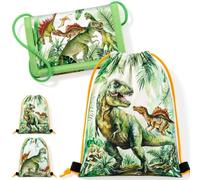 Hestya Brustbeutel Turnbeutel Kinder Set Dreifach Gefaltete Geldbörse Sporttasche Kinder Geldbeutel zum Umhängen für Jungen Mädchen Einschulung Geschenk Weihnachten(Grün,Dinosaurier)