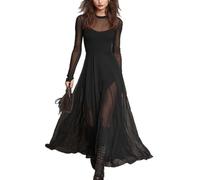 HESYSUAN Damen Schwarz Tüll Patchwork Maxikleid Elegant Patchwork Langarm Fischschwanz Kleid Mesh A-Linie Rüschensaum Party Formale Hochzeit Gäste Kleider, Schwarz , L