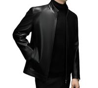 HESYSUAN Herren-Lederjacken, klassische Bomberjacke, schmale Passform, Stehkragen, weich, winddicht, Reißverschluss mit Fleece gefüttert, Schwarz , 6XL