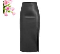 HESYSUAN Lange Lederröcke für Damen, Winter, lang, schwarz, Lederrock, hohe Taille, Schlitz, Kunstleder, A-Linie, Bleistiftrock, Schwarz , S