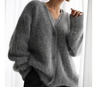 HESYSUAN Luxuriöser Kaschmir-Cardigan für Damen, flauschiger Strickjacke, Plüsch, V-Ausschnitt, offene Vorderseite, Knopf, Pullover-Jacken